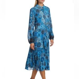 NWT Elie Tahari Camila Pleated Floral Patchwork Print Chiffon Dress Size 4 Blue